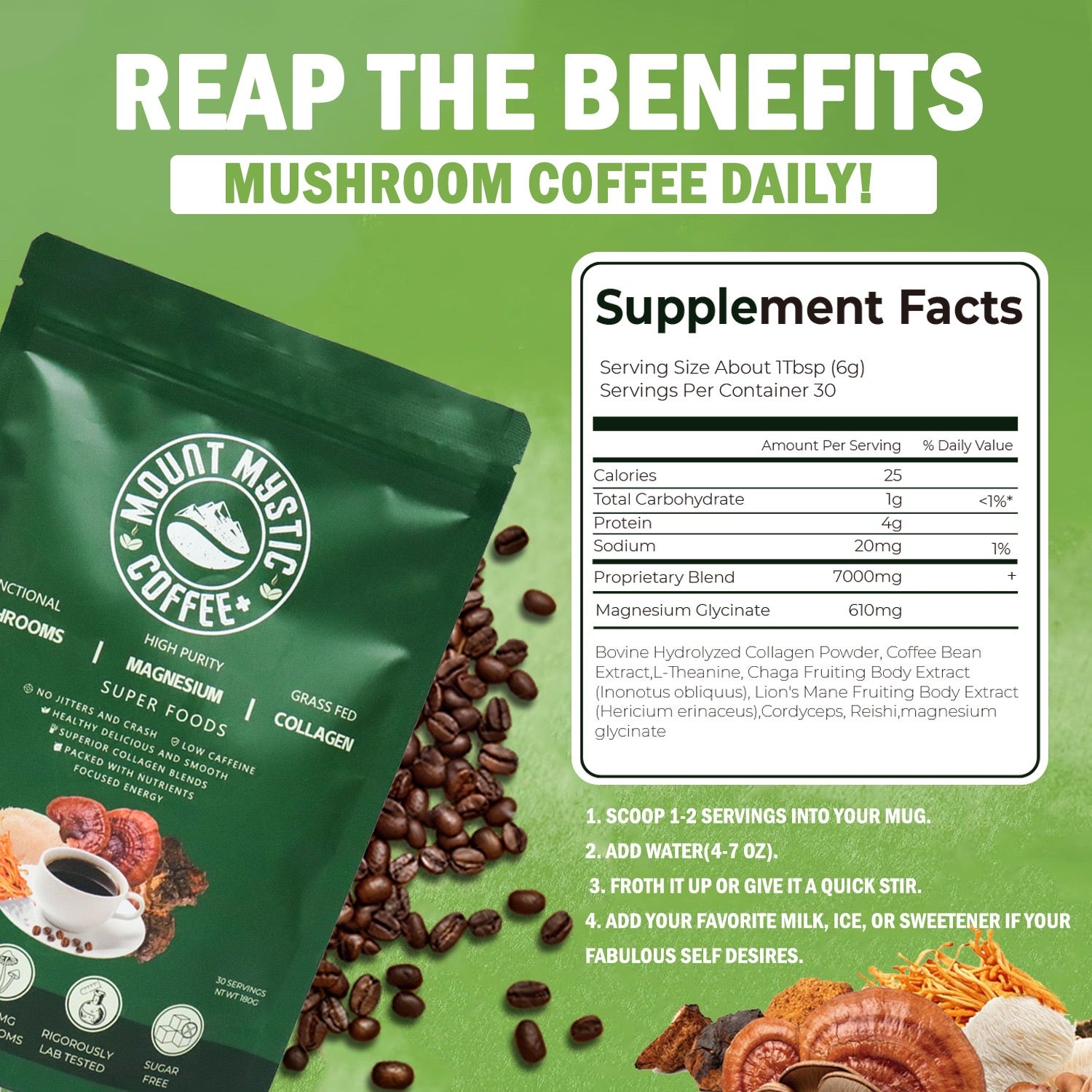 Mount Mystic Adaptogenic Mushroom Coffee – Lion’s Mane, Chaga, Cordyceps & Reishi with Magnesium Glycinate & Collagen – Functional Instant Coffee for Focus, Energy & Daily Wellness – 30 Servings
