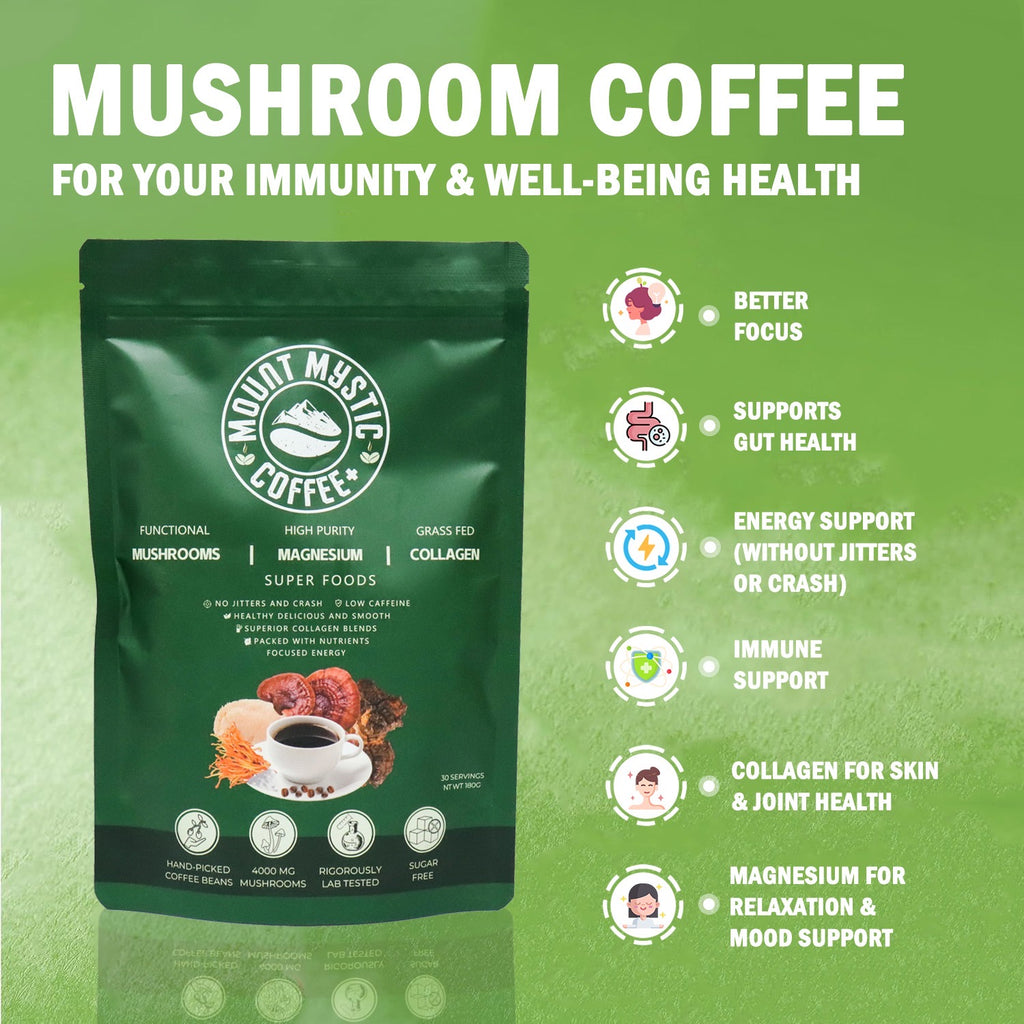 Mount Mystic Adaptogenic Mushroom Coffee – Lion’s Mane, Chaga, Cordyceps & Reishi with Magnesium Glycinate & Collagen – Functional Instant Coffee for Focus, Energy & Daily Wellness – 30 Servings