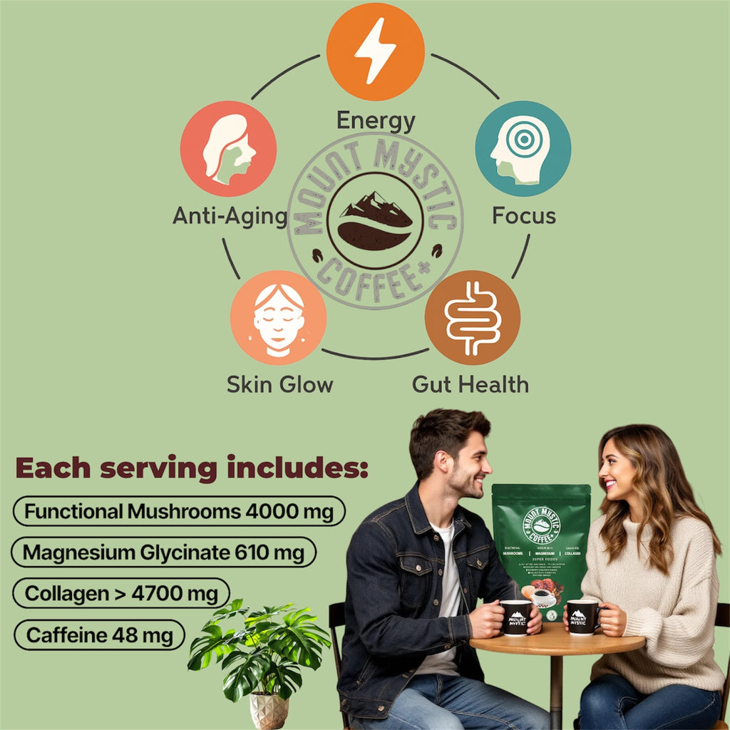 Mount Mystic Adaptogenic Mushroom Coffee – Lion’s Mane, Chaga, Cordyceps & Reishi with Magnesium Glycinate & Collagen – Functional Instant Coffee for Focus, Energy & Daily Wellness – 30 Servings