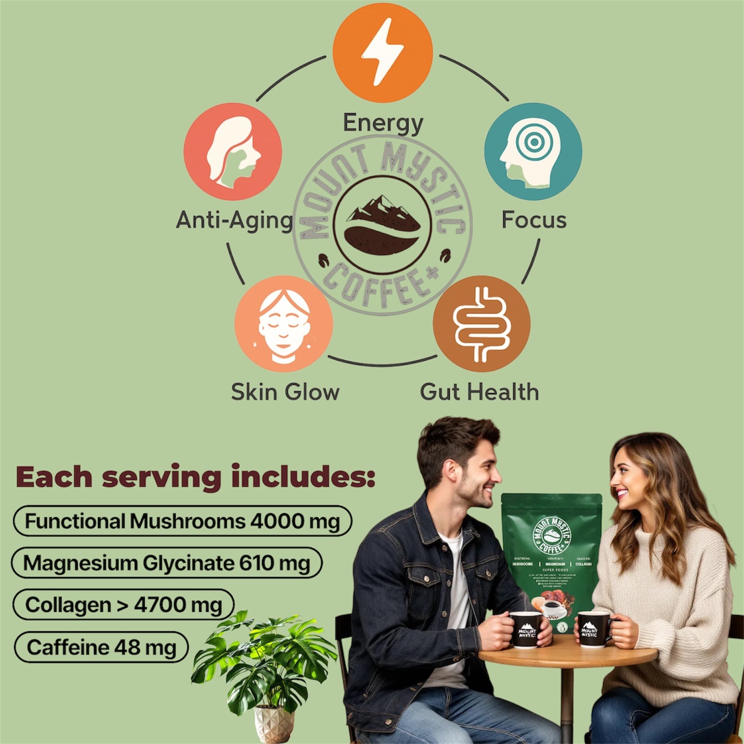 Mount Mystic Adaptogenic Mushroom Coffee – Lion’s Mane, Chaga, Cordyceps & Reishi with Magnesium Glycinate & Collagen – Functional Instant Coffee for Focus, Energy & Daily Wellness – 30 Servings