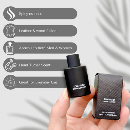 Tom Ford Ombre Leather Eau de Parfum Mini 0.14 fluid ounce 4ml splash bottle boxed | Boxed Travel Size Designer Fragrance, Compact Collectible Miniature Perfume, Luxury Scent Gift for Men