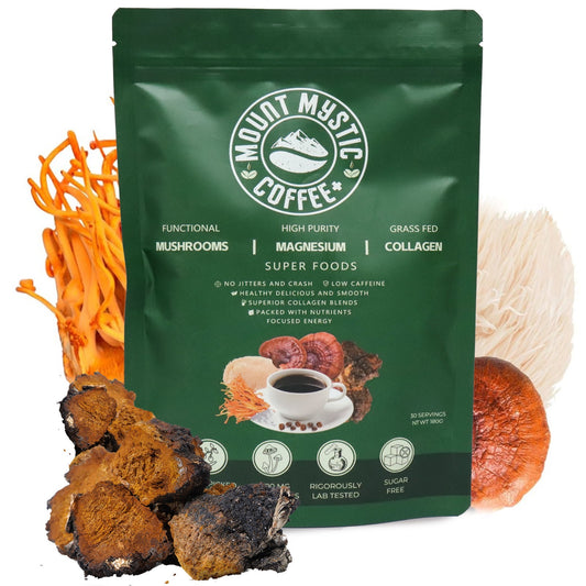 Mount Mystic Adaptogenic Mushroom Coffee – Lion’s Mane, Chaga, Cordyceps & Reishi with Magnesium Glycinate & Collagen – Functional Instant Coffee for Focus, Energy & Daily Wellness – 30 Servings