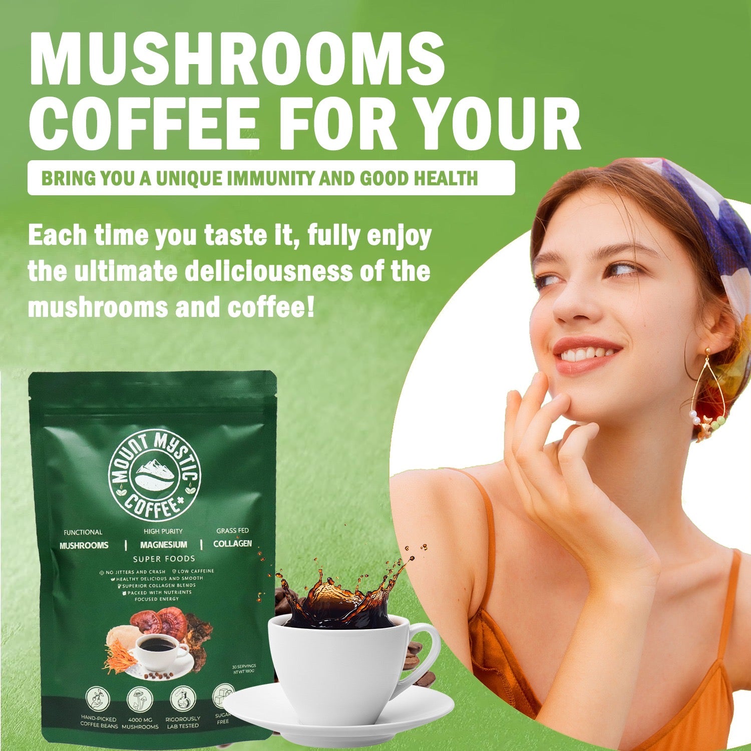 Mount Mystic Adaptogenic Mushroom Coffee – Lion’s Mane, Chaga, Cordyceps & Reishi with Magnesium Glycinate & Collagen – Functional Instant Coffee for Focus, Energy & Daily Wellness – 30 Servings