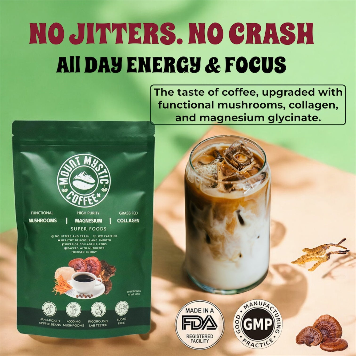 Mount Mystic Adaptogenic Mushroom Coffee – Lion’s Mane, Chaga, Cordyceps & Reishi with Magnesium Glycinate & Collagen – Functional Instant Coffee for Focus, Energy & Daily Wellness – 30 Servings