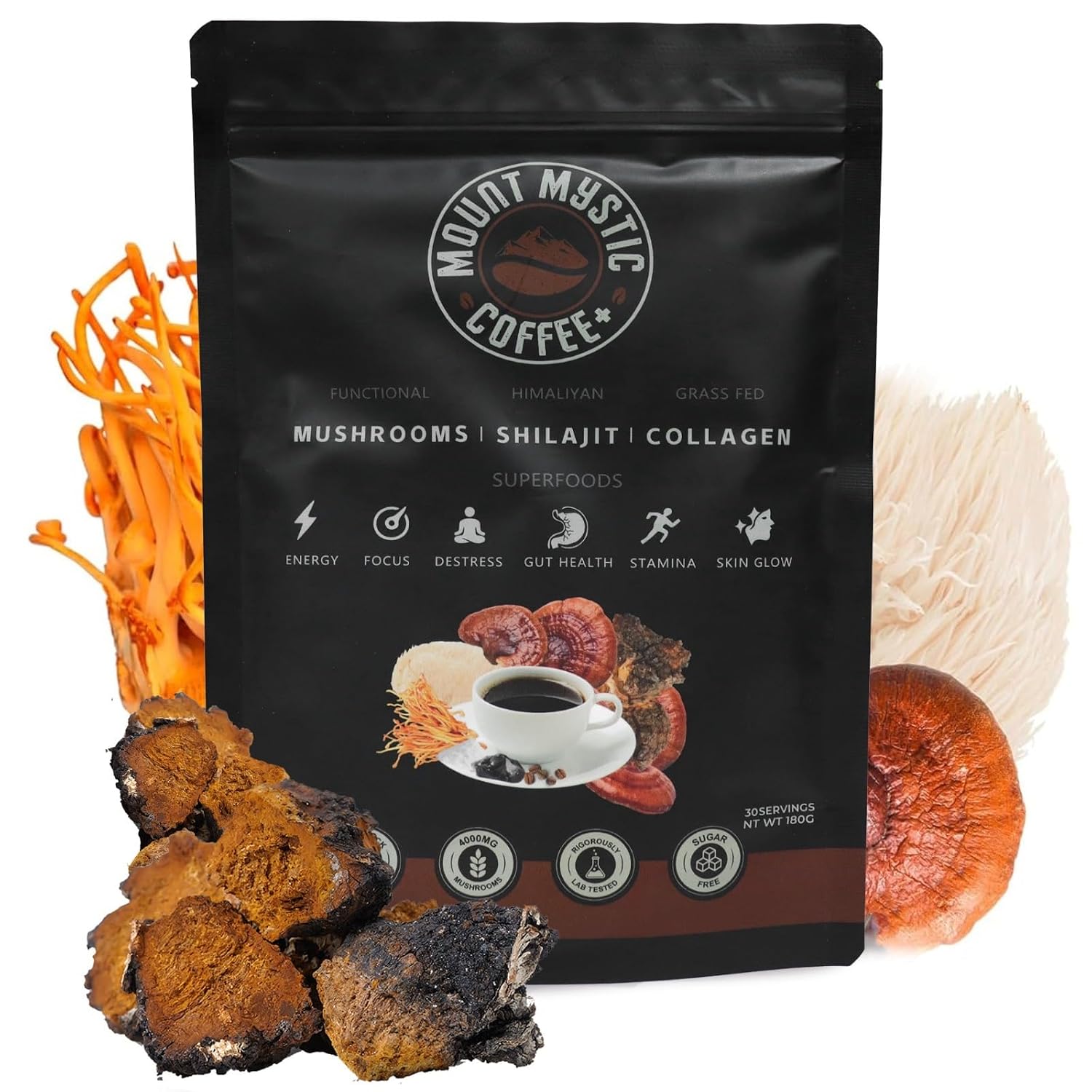 Mount Mystic Functional Mushroom Coffee – Premium Instant Arabica Coffee Blend with Lion’s Mane, Reishi, Chaga & Cordyceps for Focus, Energy & Immunity + Himalayan Shilajit  – 30 Servings