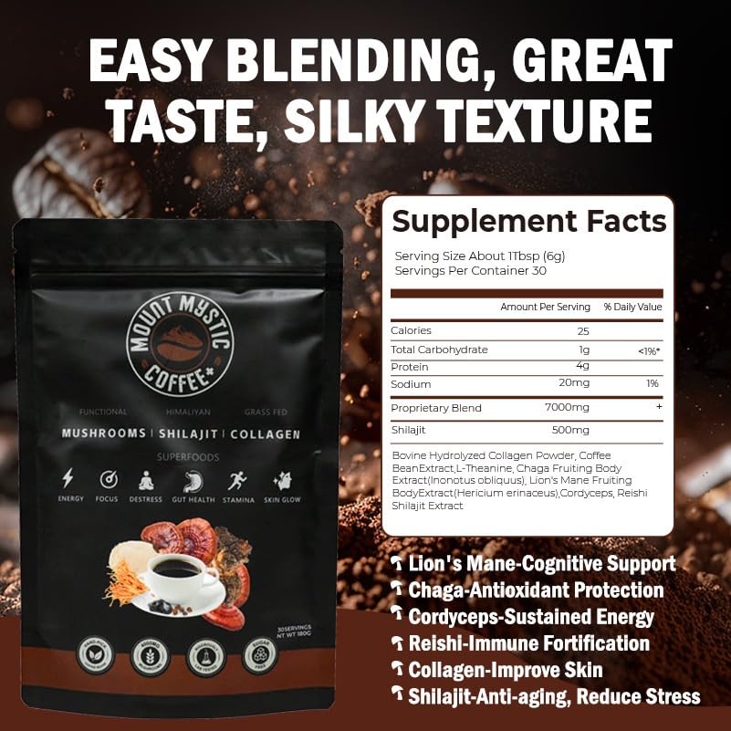 Mount Mystic Functional Mushroom Coffee – Premium Instant Arabica Coffee Blend with Lion’s Mane, Reishi, Chaga & Cordyceps for Focus, Energy & Immunity + Himalayan Shilajit  – 30 Servings