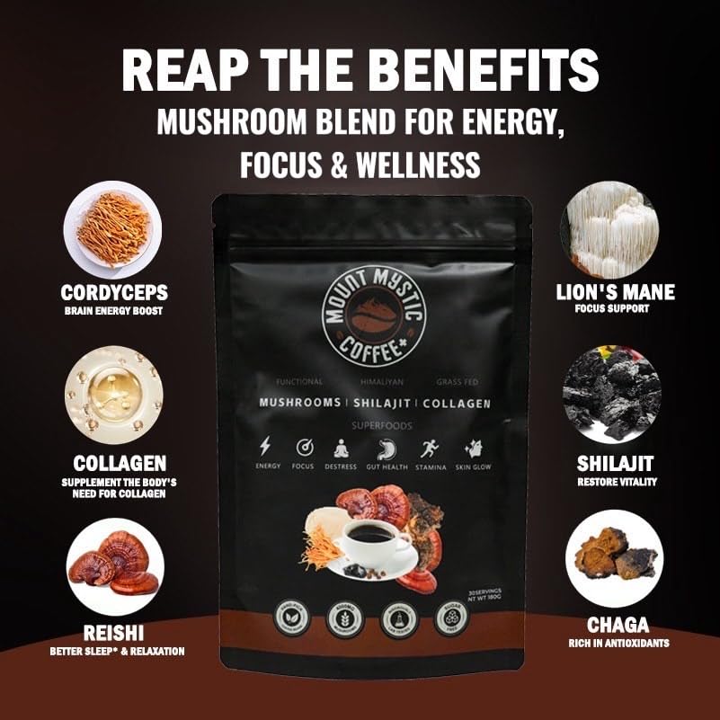 Mount Mystic Functional Mushroom Coffee – Premium Instant Arabica Coffee Blend with Lion’s Mane, Reishi, Chaga & Cordyceps for Focus, Energy & Immunity + Himalayan Shilajit  – 30 Servings