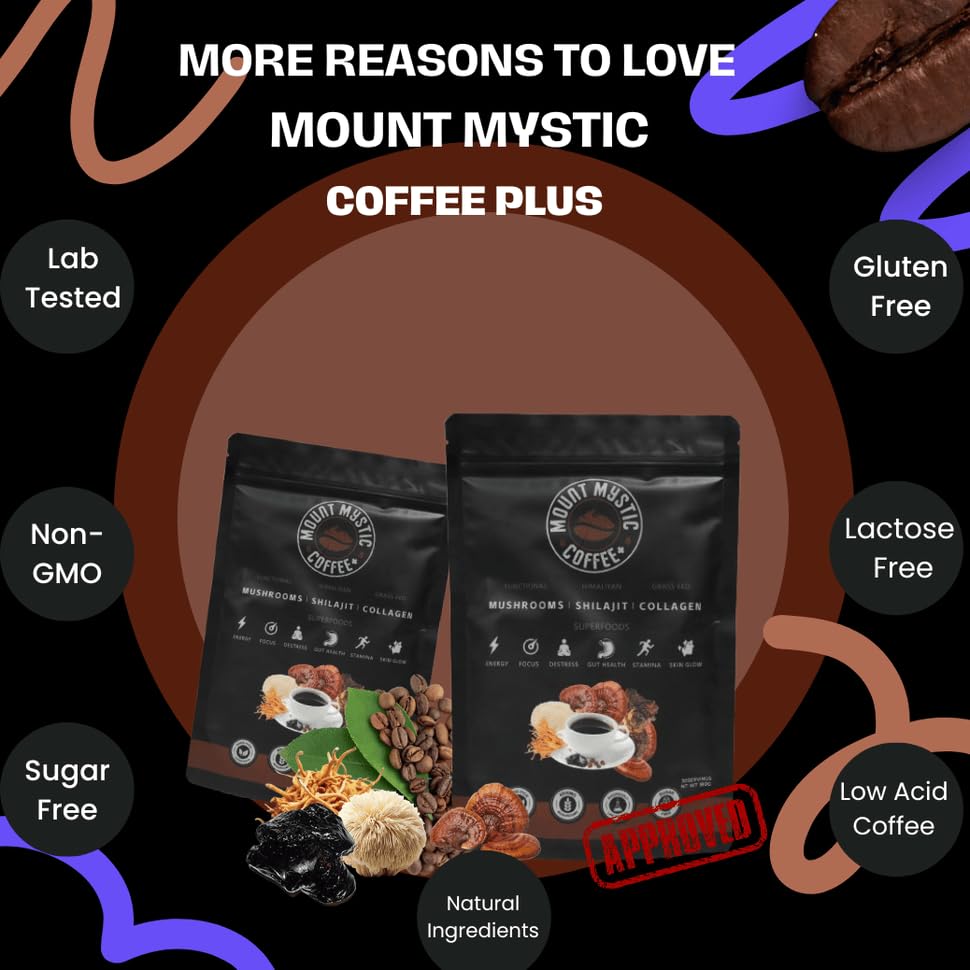 Mount Mystic Functional Mushroom Coffee – Premium Instant Arabica Coffee Blend with Lion’s Mane, Reishi, Chaga & Cordyceps for Focus, Energy & Immunity + Himalayan Shilajit  – 30 Servings