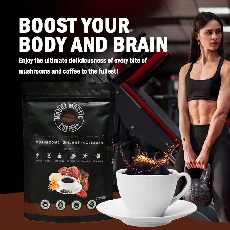 Mount Mystic Functional Mushroom Coffee – Premium Instant Arabica Coffee Blend with Lion’s Mane, Reishi, Chaga & Cordyceps for Focus, Energy & Immunity + Himalayan Shilajit  – 30 Servings