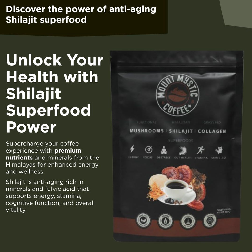 Mount Mystic Functional Mushroom Coffee – Premium Instant Arabica Coffee Blend with Lion’s Mane, Reishi, Chaga & Cordyceps for Focus, Energy & Immunity + Himalayan Shilajit  – 30 Servings